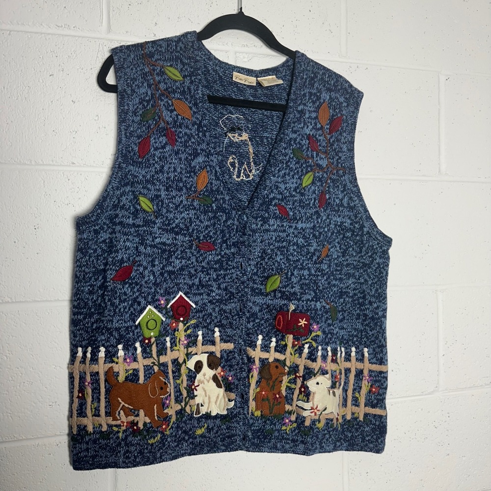 Bobbie Brooks Woman Blue Marled Dog Garden Embroidered Sweater Vest Plus 18W 20W